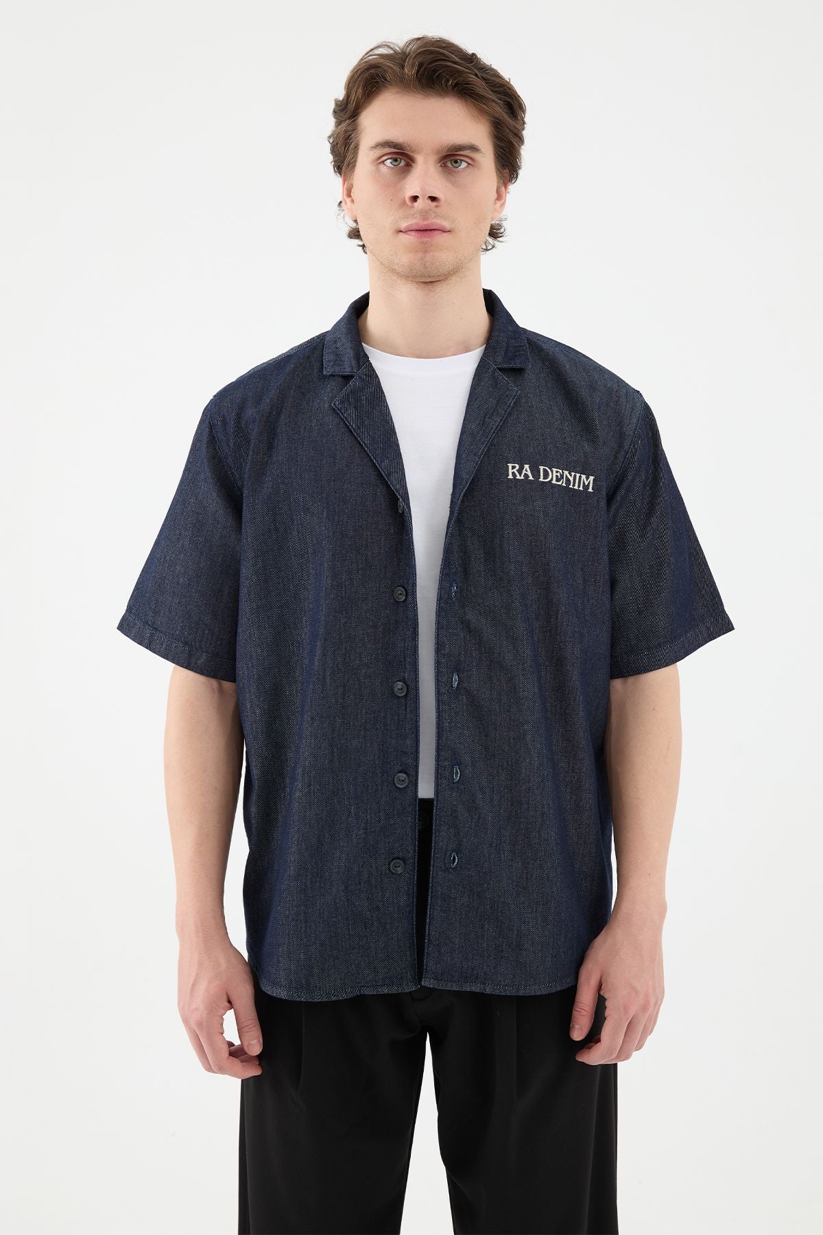 Nix Dark Blue Embroidered Men's Linen Shirt