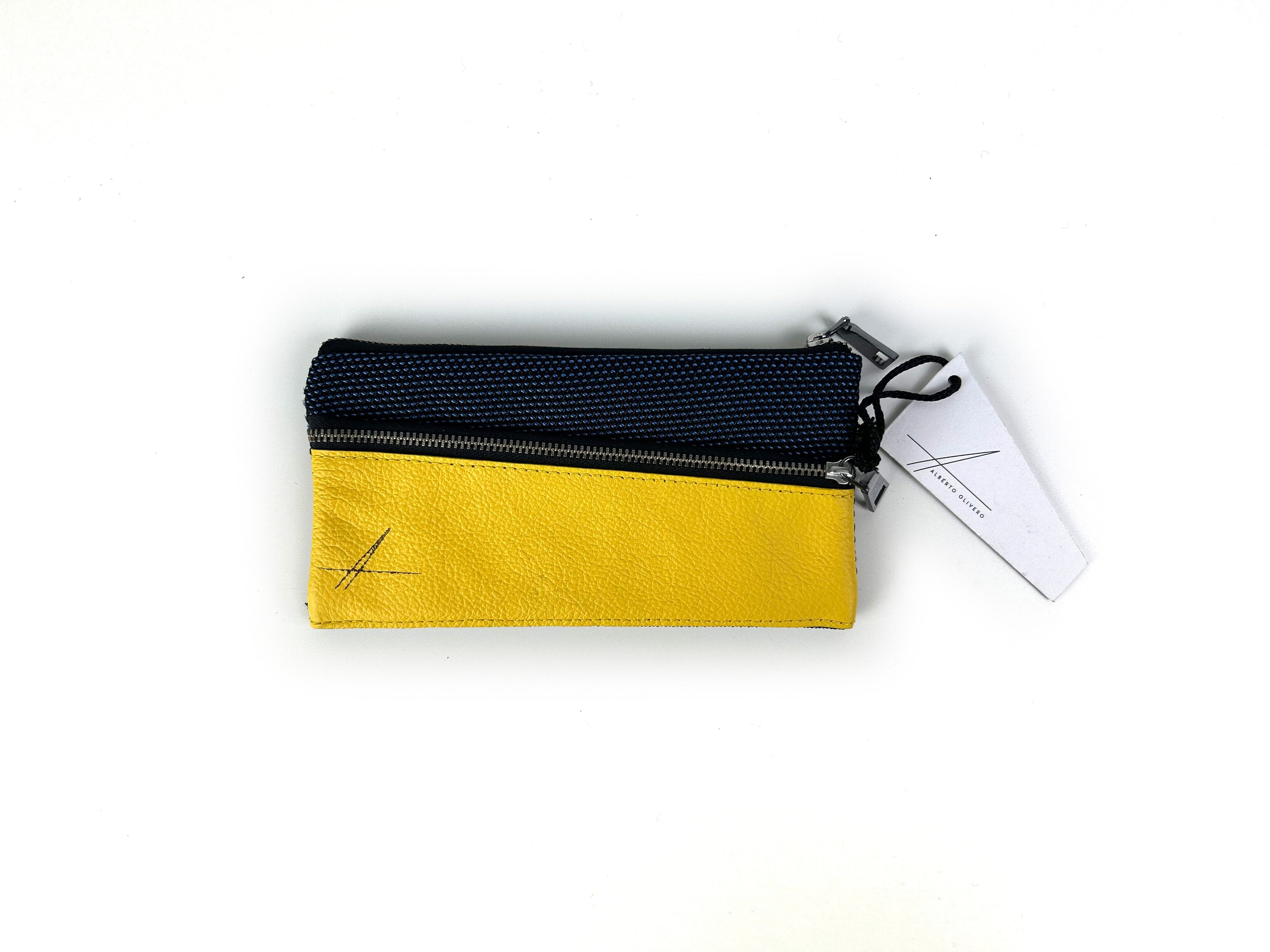 Blue Fabric Yellow Leather Pencil Case with Zip by Alberto Olivero