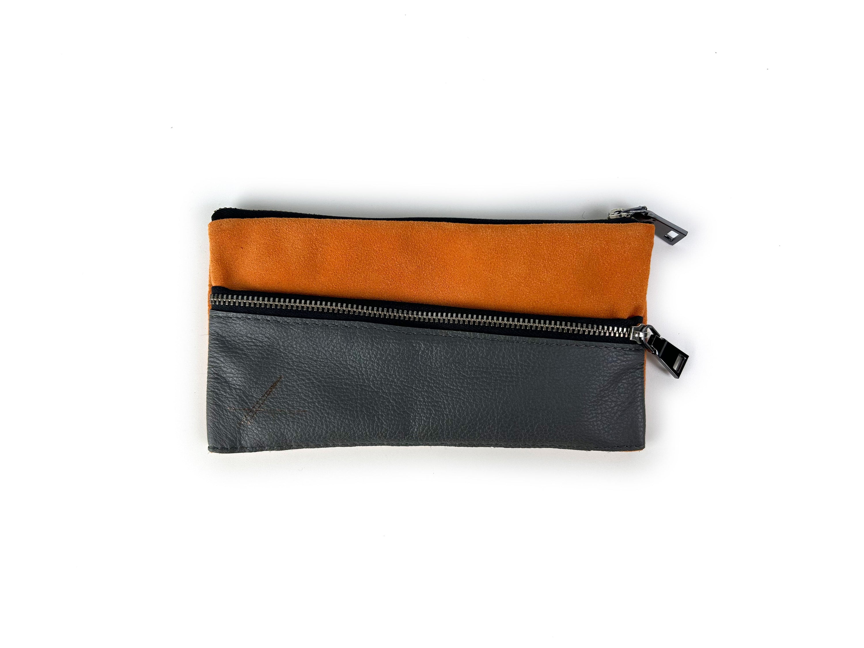 Handmade Pencil Case in Grey Textured Leather with Orange Accents