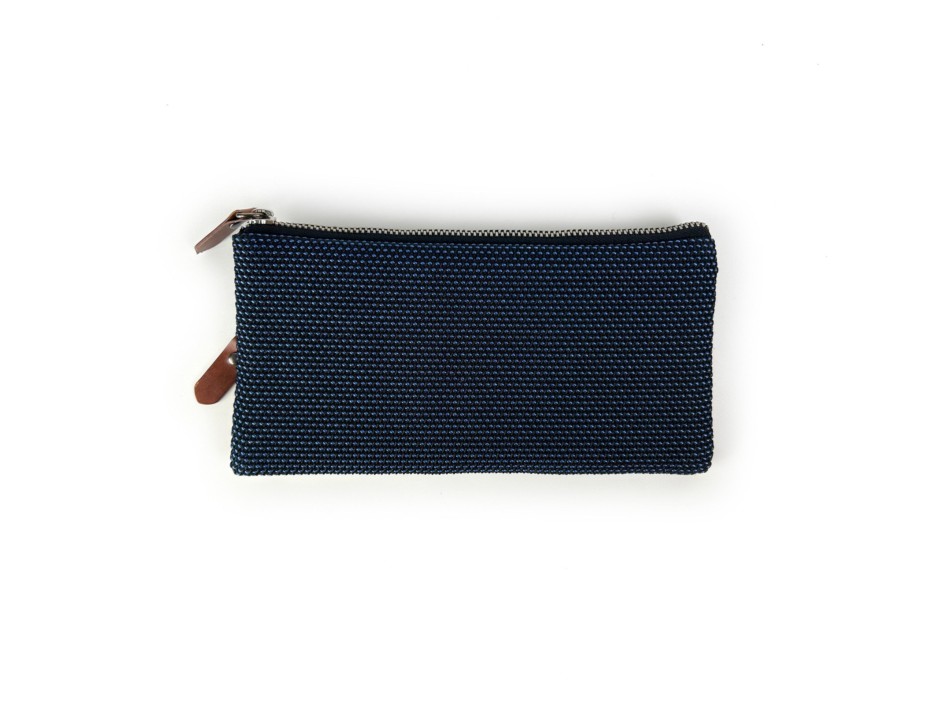 Reverse Side of the Brown Leather Dark Blue Fabric Pencil Case by Italian designer Alberto Olivero