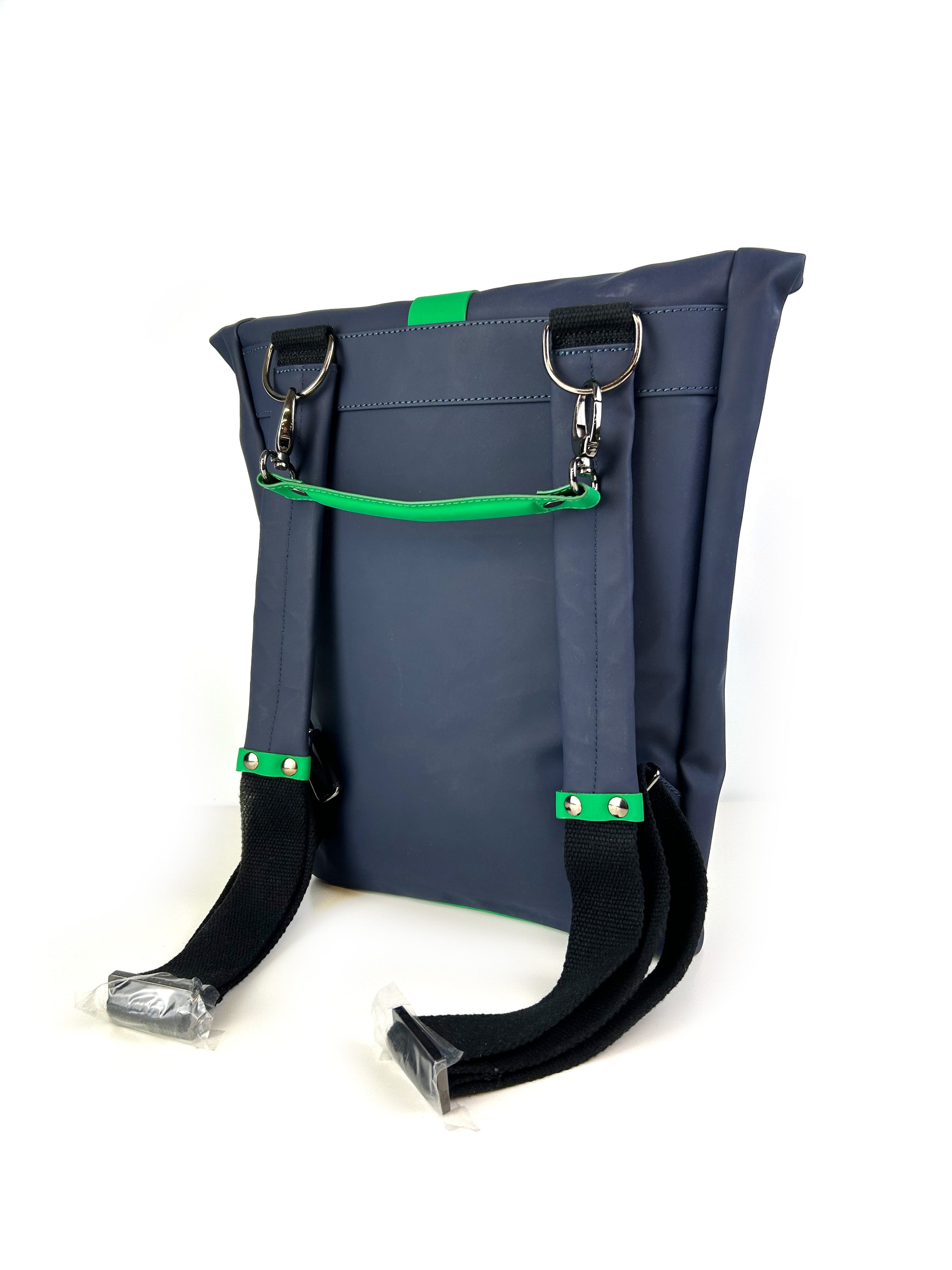 HADLEY Waterproof Backpack in green from the back showing padded leather shoulder straps and anti-slip cotton lining