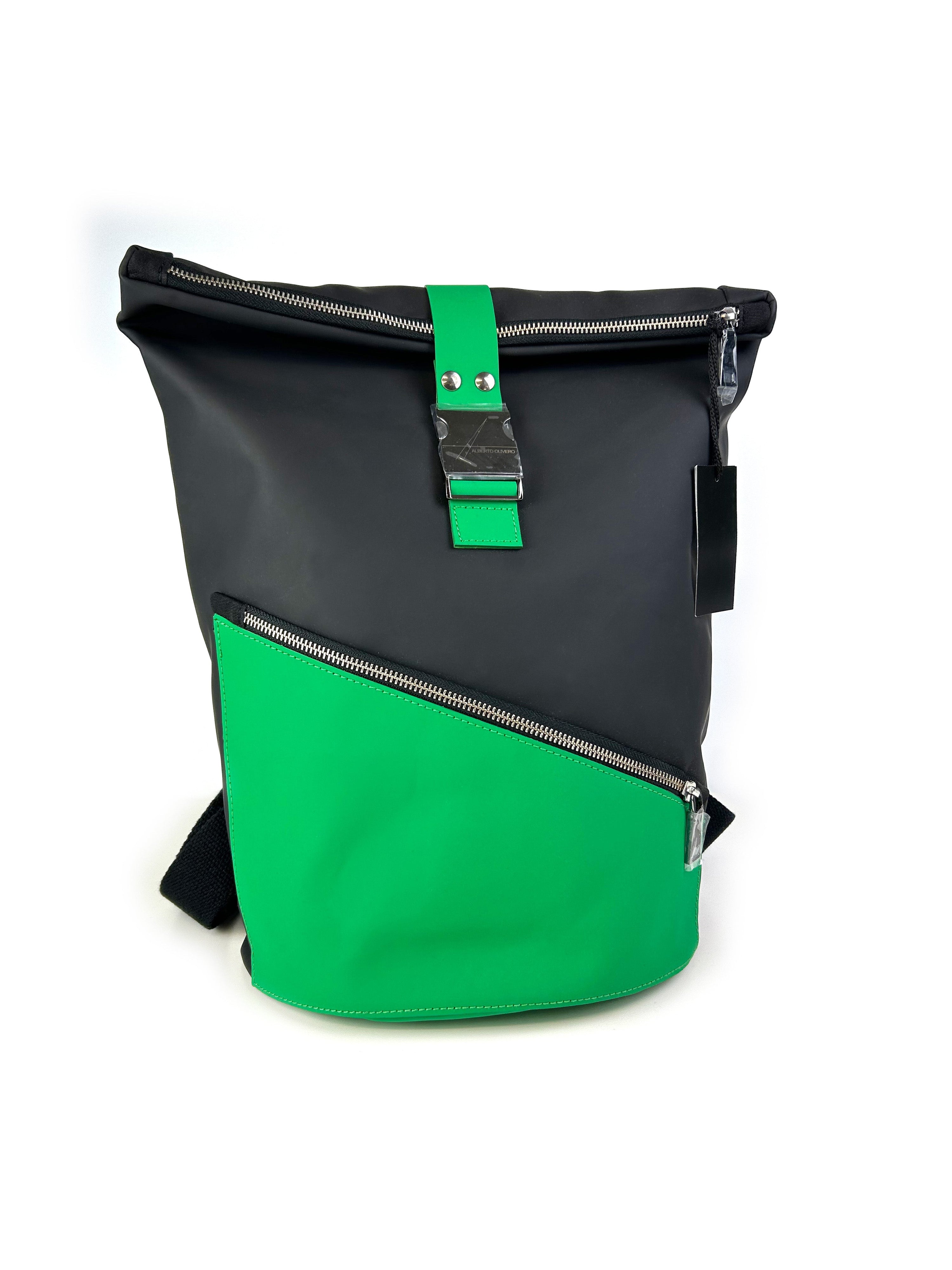 Green Black HADLEY Waterproof Backpack with metal closure, showcasing soft-touch fabric and padded laptop holder