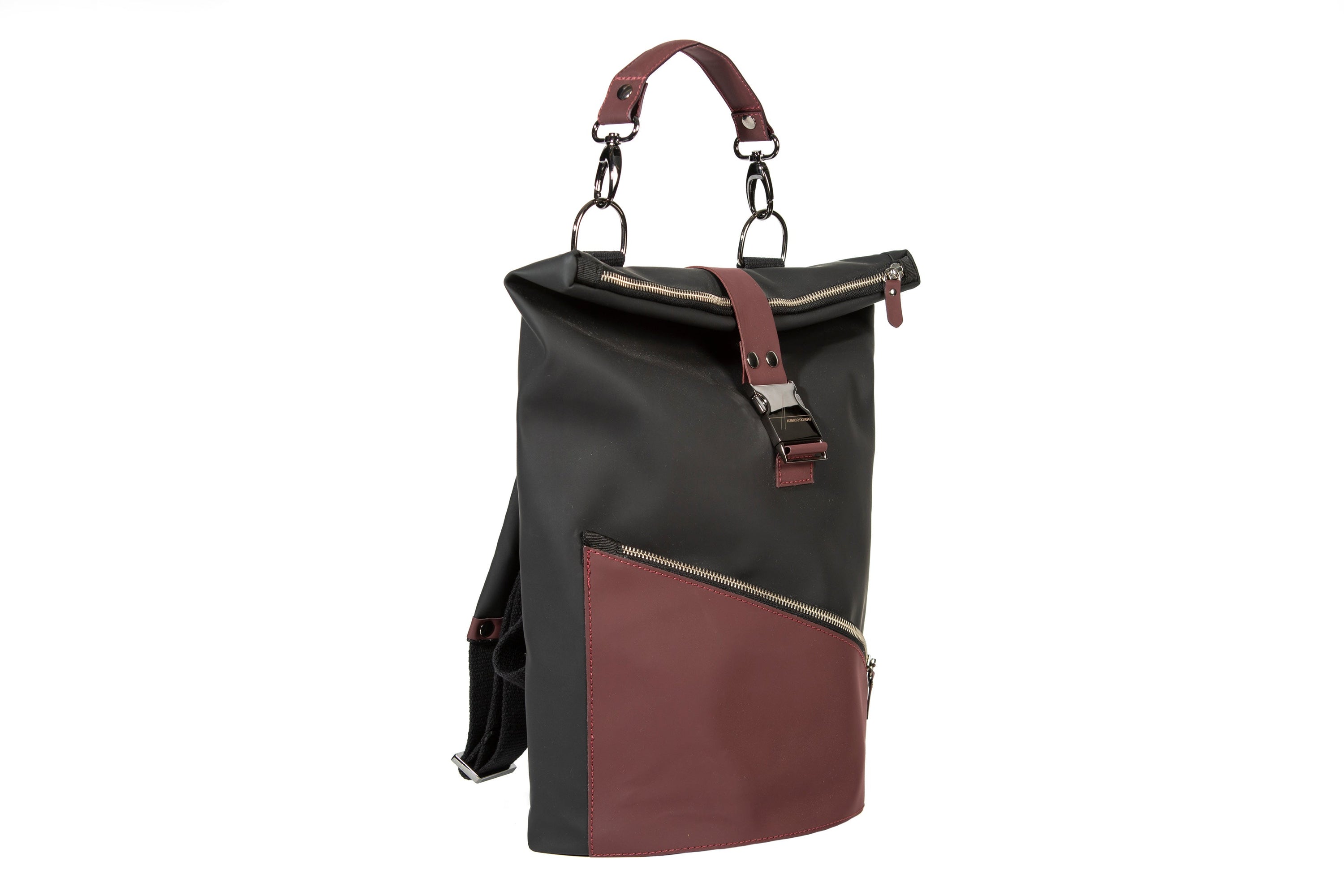 Side view of Black HADLEY Waterproof Backpack with contrasting details and handle in bordeaux