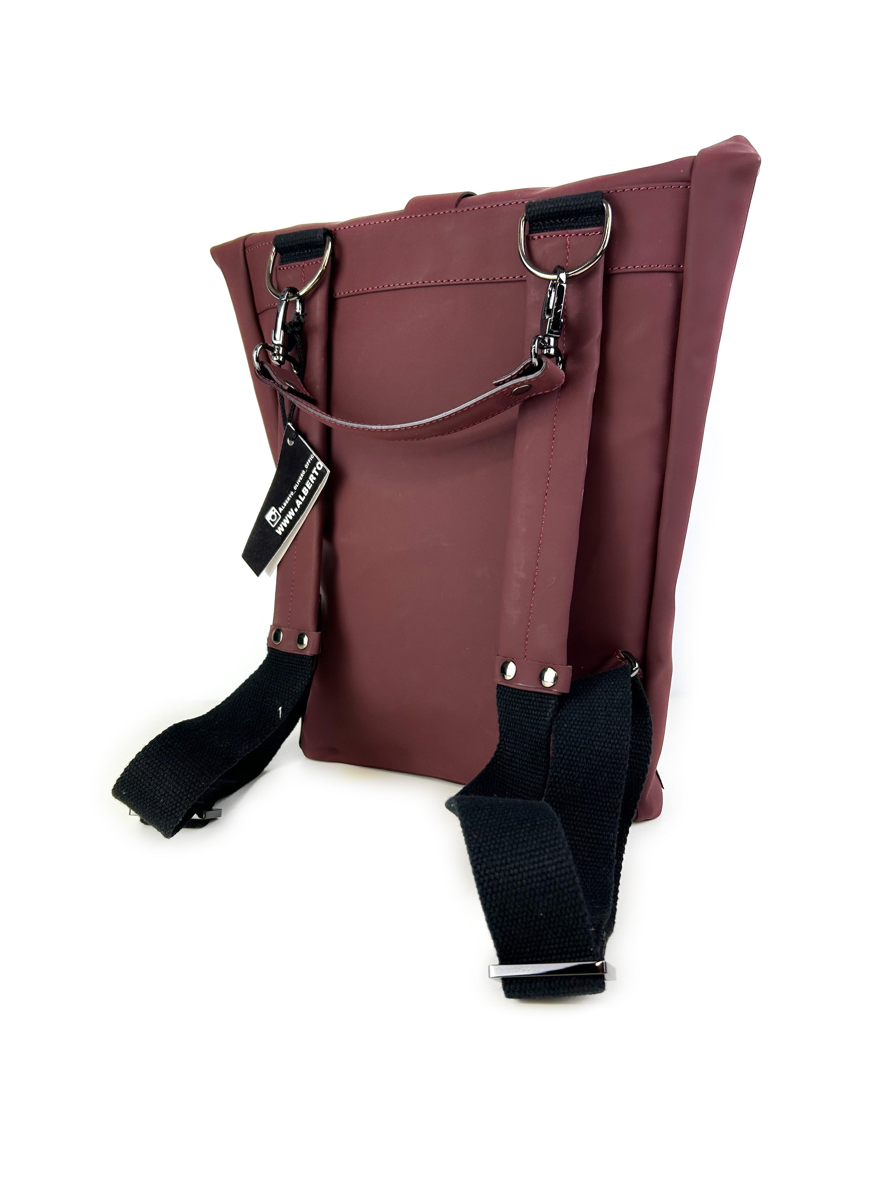 Reverse side of HADLEY Waterproof Backpack in Bordeaux with padded leather shoulder straps