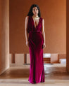 Model Wearing Mes Demoiselles Paris Travis Velvet Dress in Fuchsia (Size 36)